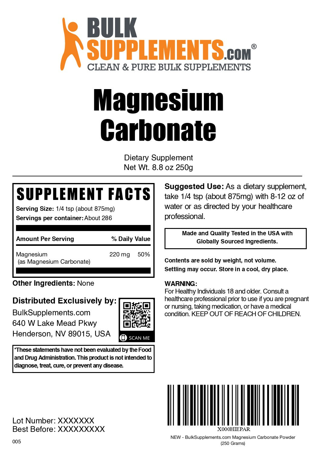 Magnesium Carbonate 250g label