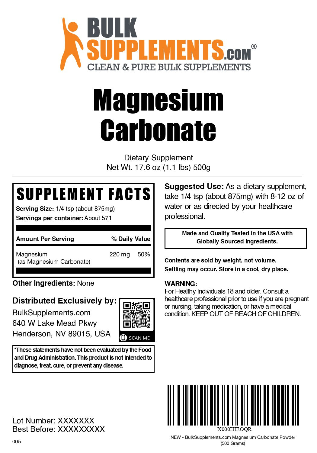Magnesium Carbonate 500g label