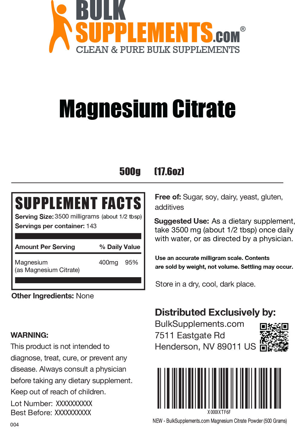 Magnesium Citrate Powder Label 500g