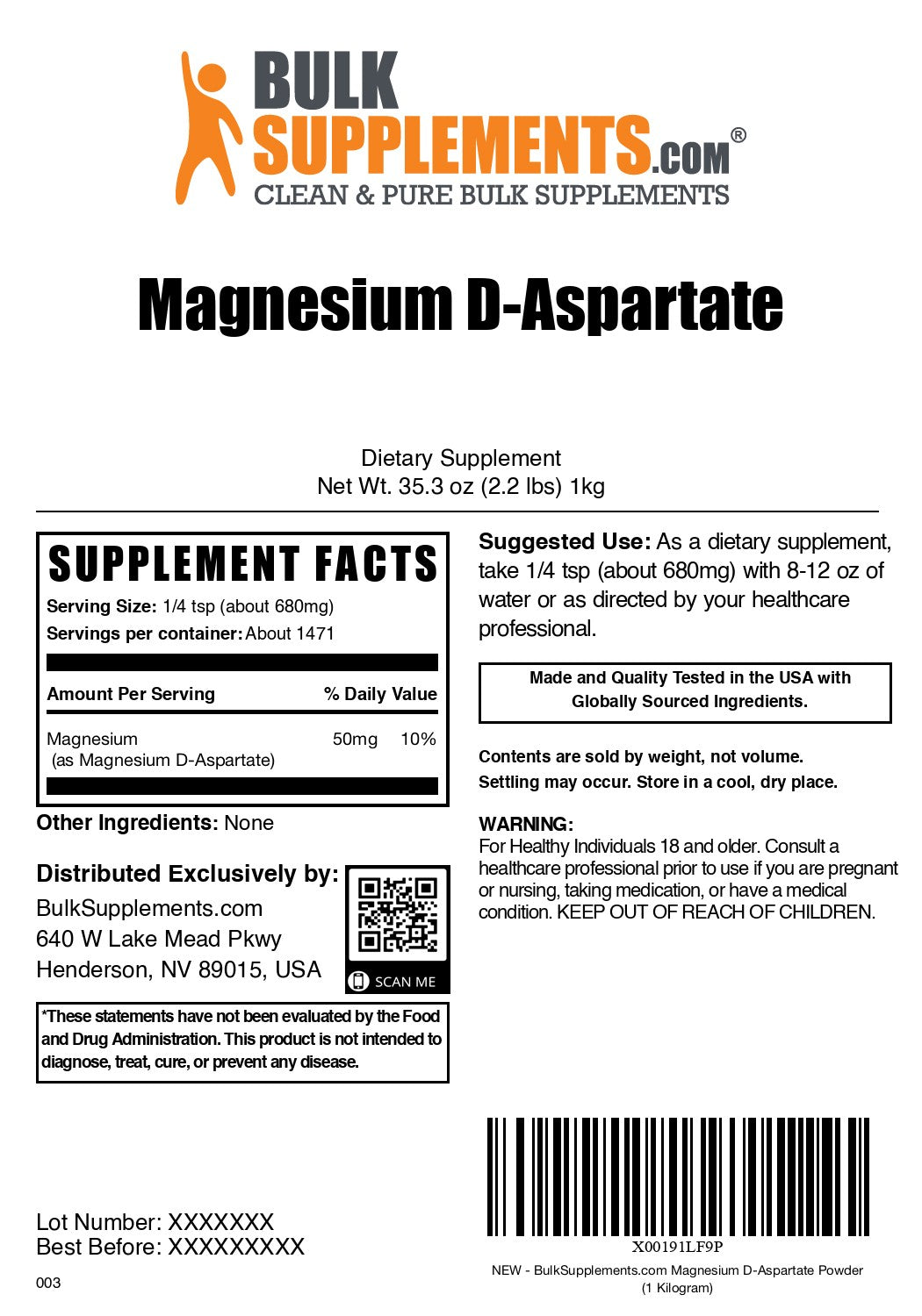 Magnesium D-Aspartate 1kg label