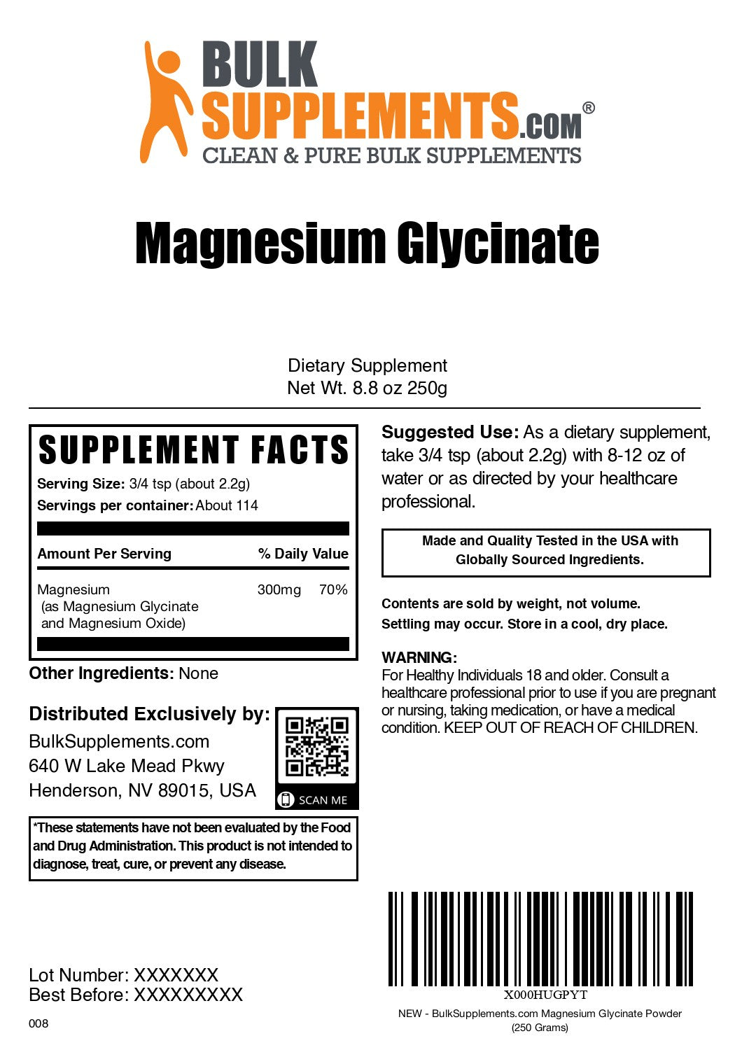 Magnesium Glycinate 250g label