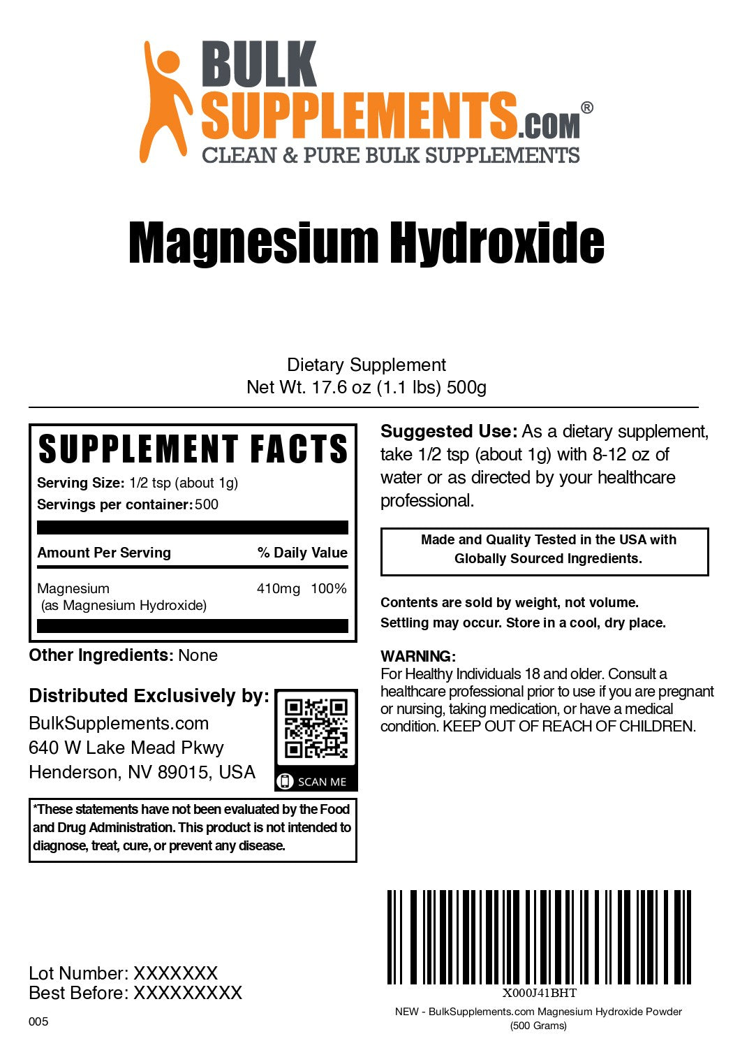 Magnesium Hydroxide 500g label