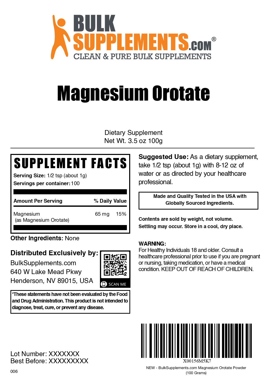 Magnesium Orotate Powder 100g label