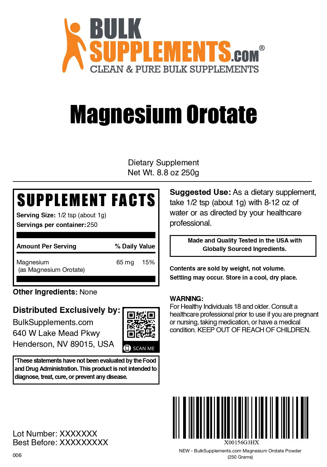 Magnesium Orotate Powder 250g label