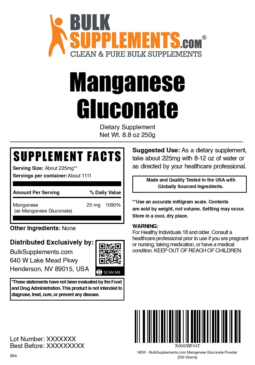 Manganese Gluconate 250g label