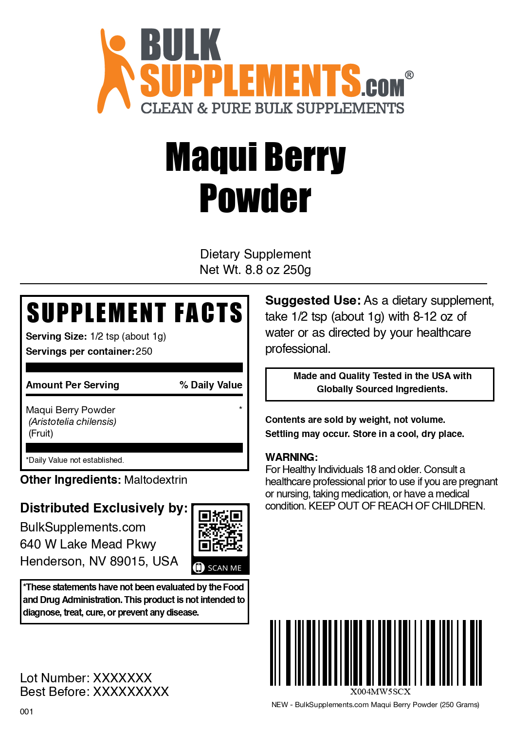 Maqui berry powder label 250g