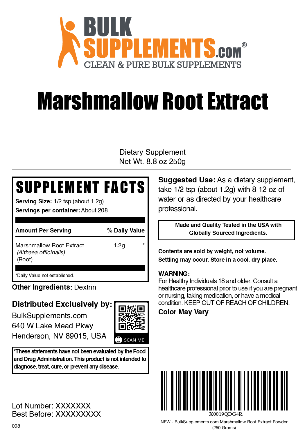 Marshmallow extract powder label 250g