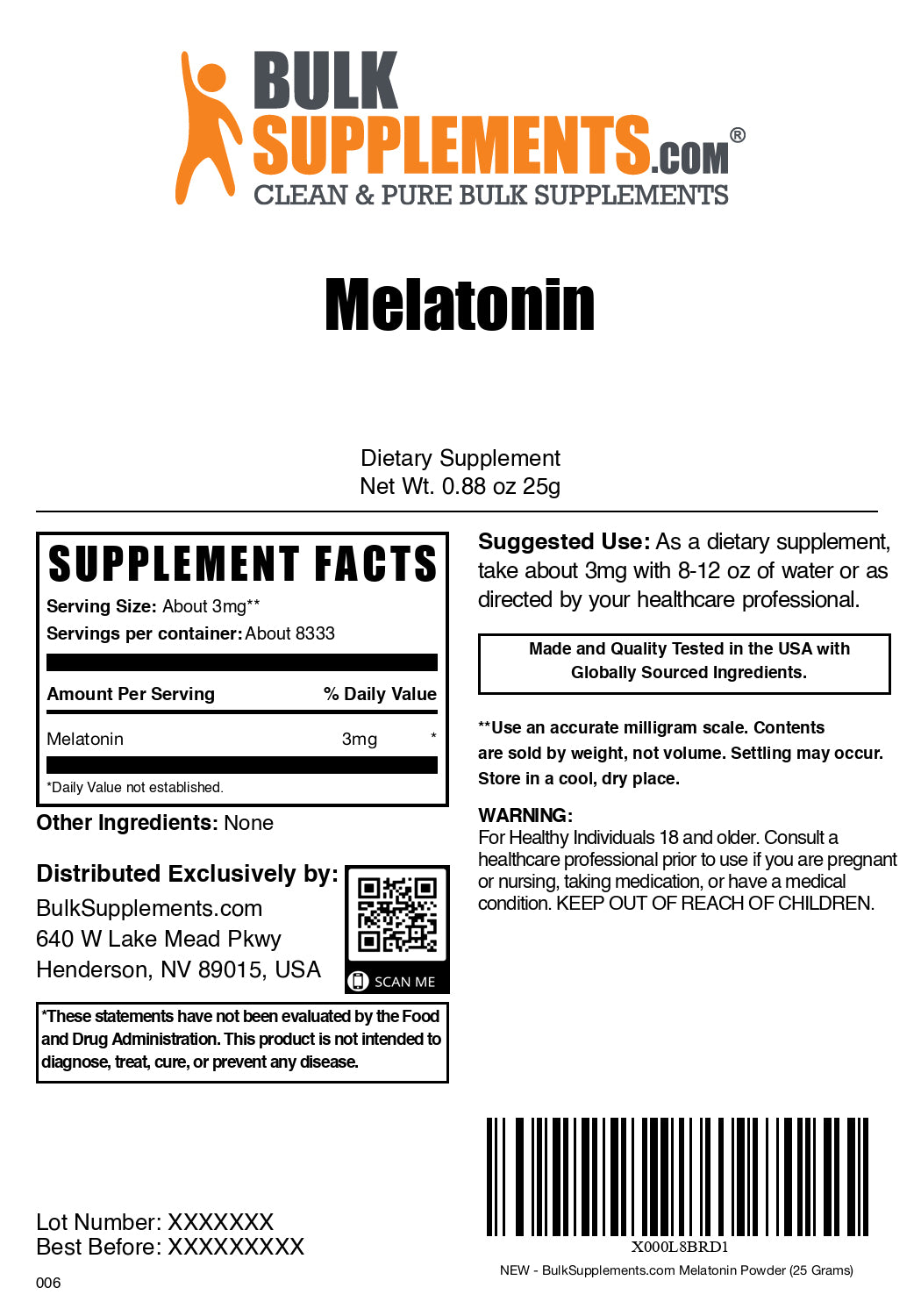Melatonin powder label 25g