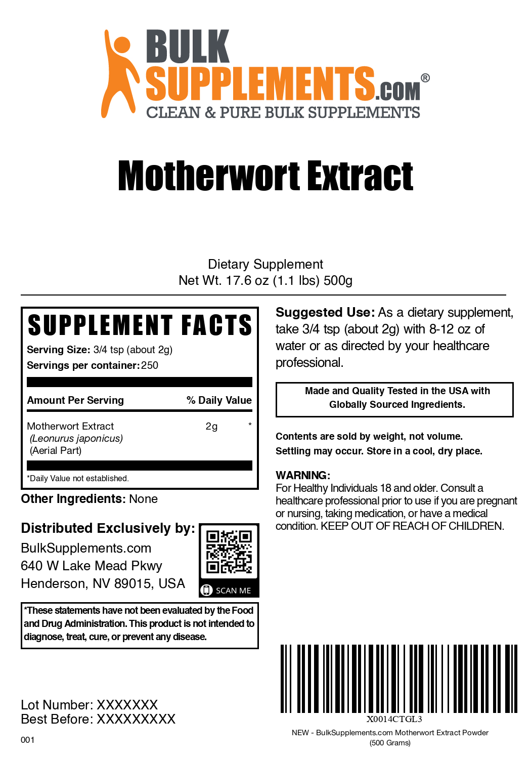 Motherwort Extract Powder 500g Bag Label