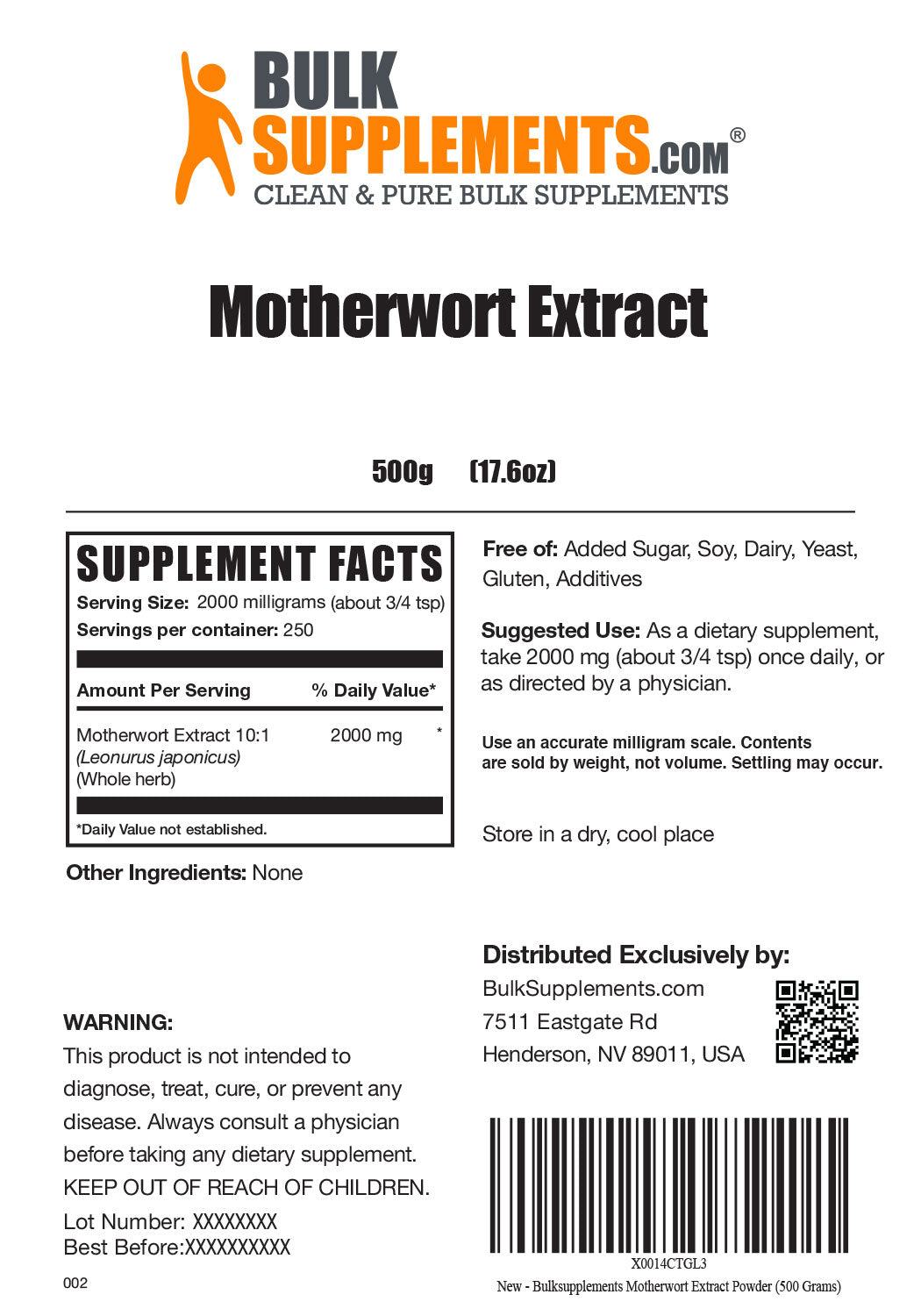 Motherwort Extract Powder 500g Label