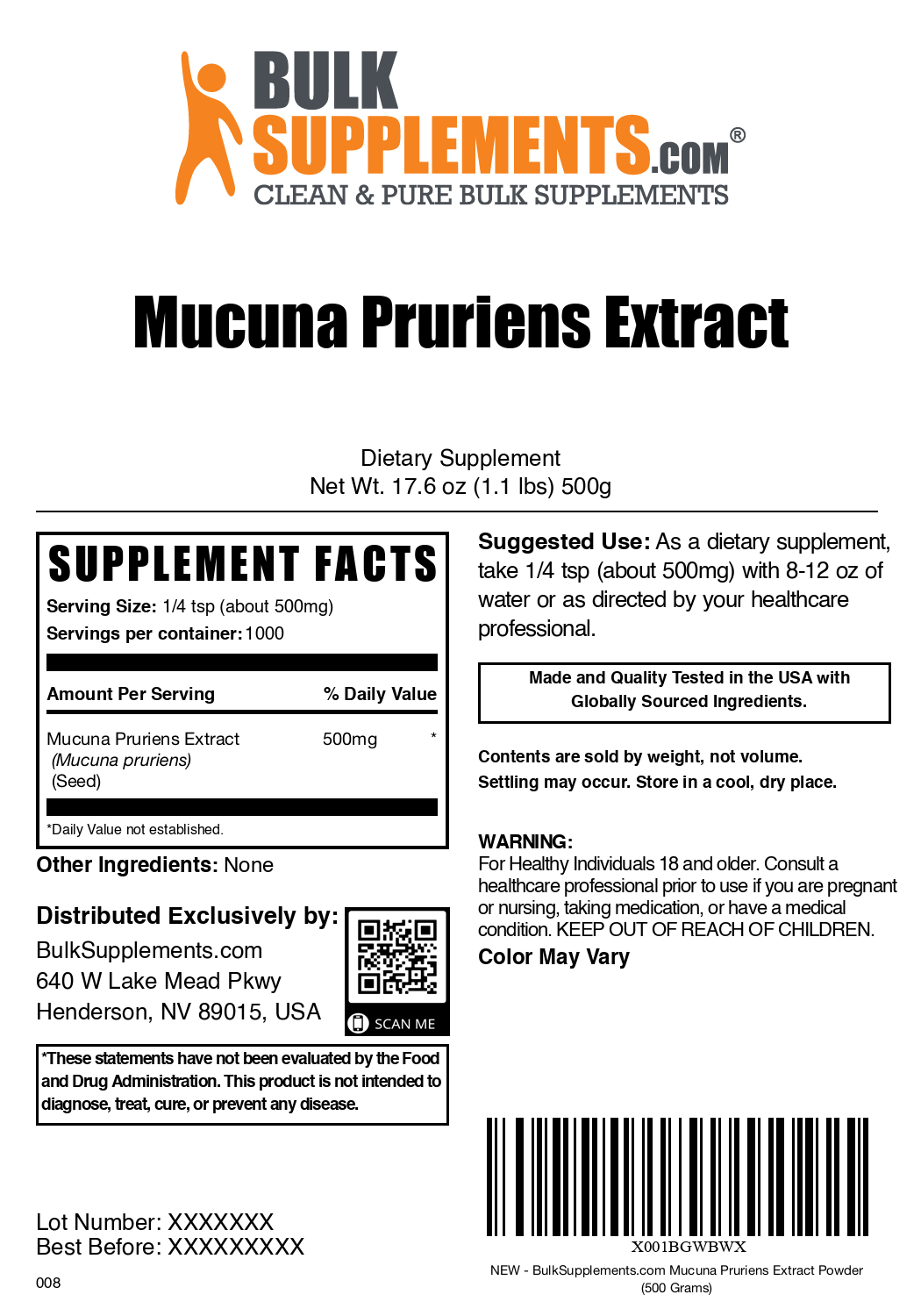 Mucuna pruriens extract powder label 500g