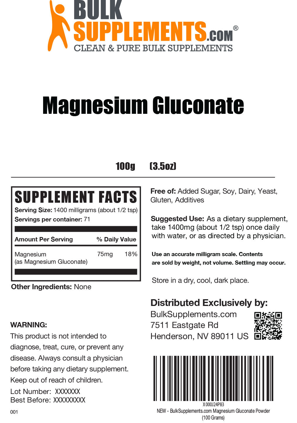 Supplement Facts Magnesium Gluconate powder