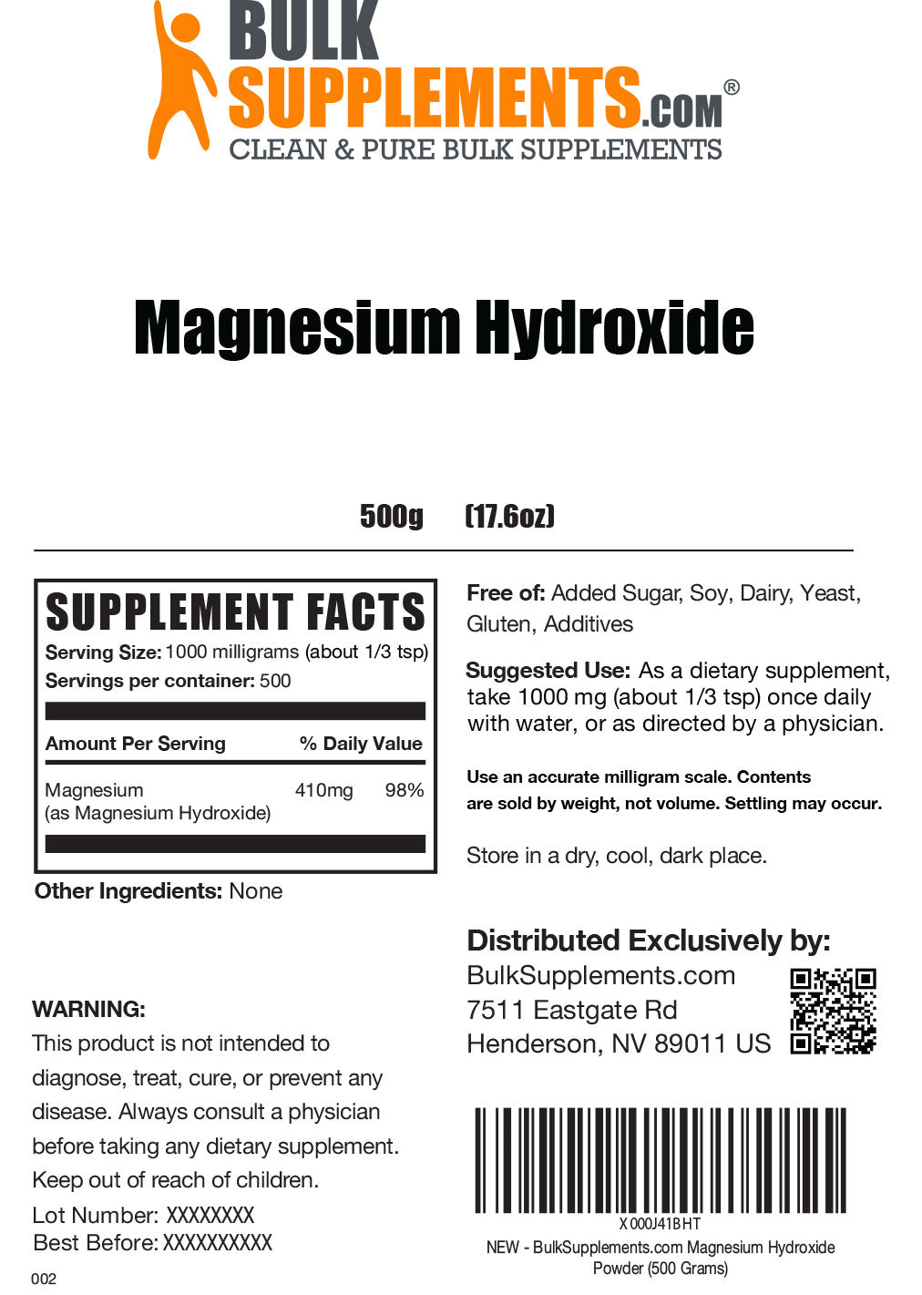Magnesium Hydroxide powder label 500g