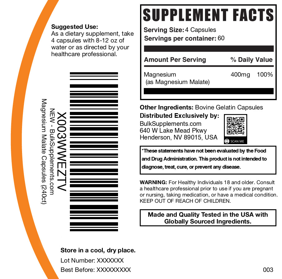 Magnesium malate 240 capsules label