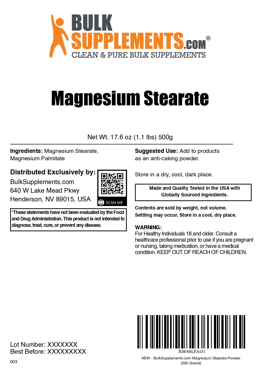 Magnesium Stearate powder label 500g