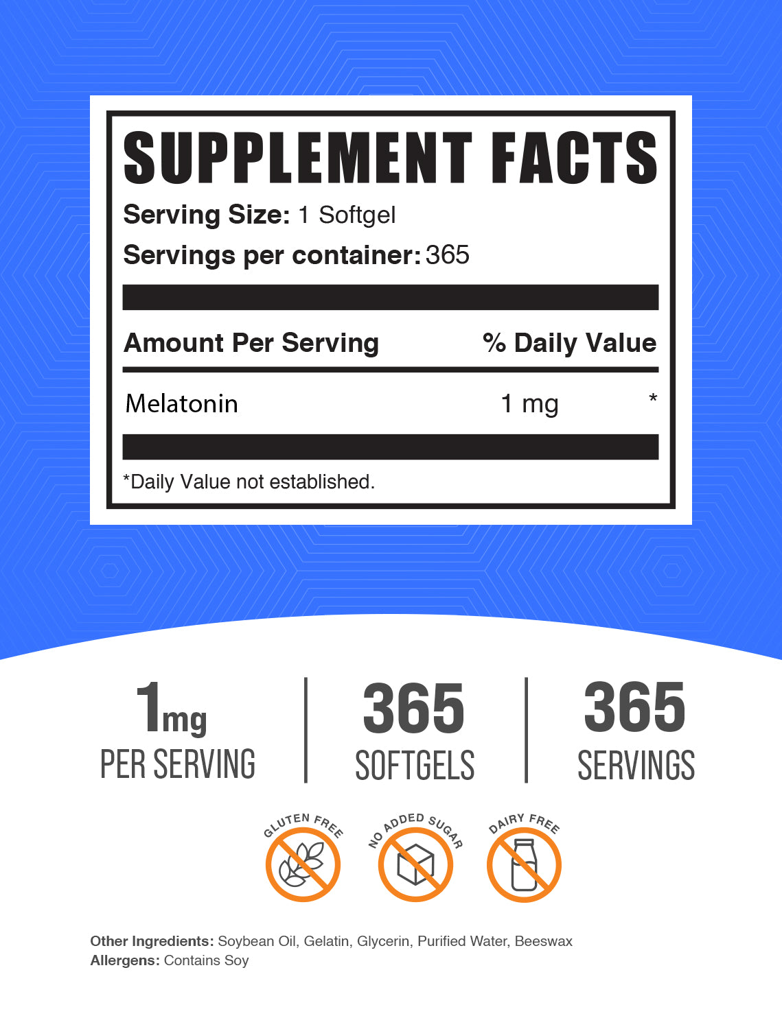 Melatonin 1mg 365 softgels label