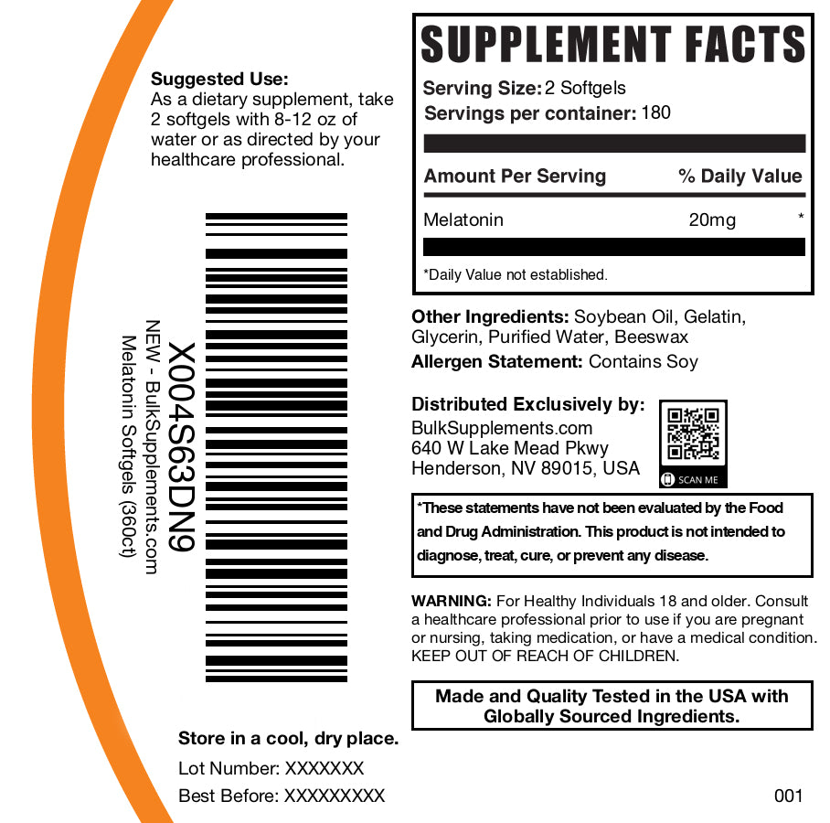 Melatonin 20mg 360 softgels label