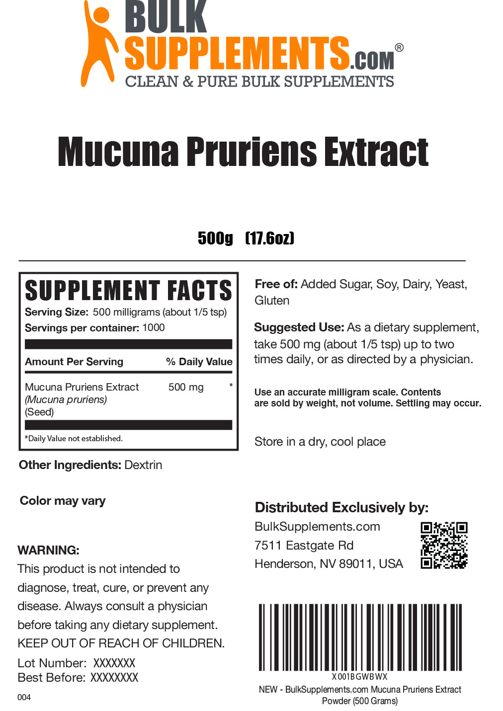Mucuna Pruriens Extract Powder 500g Label