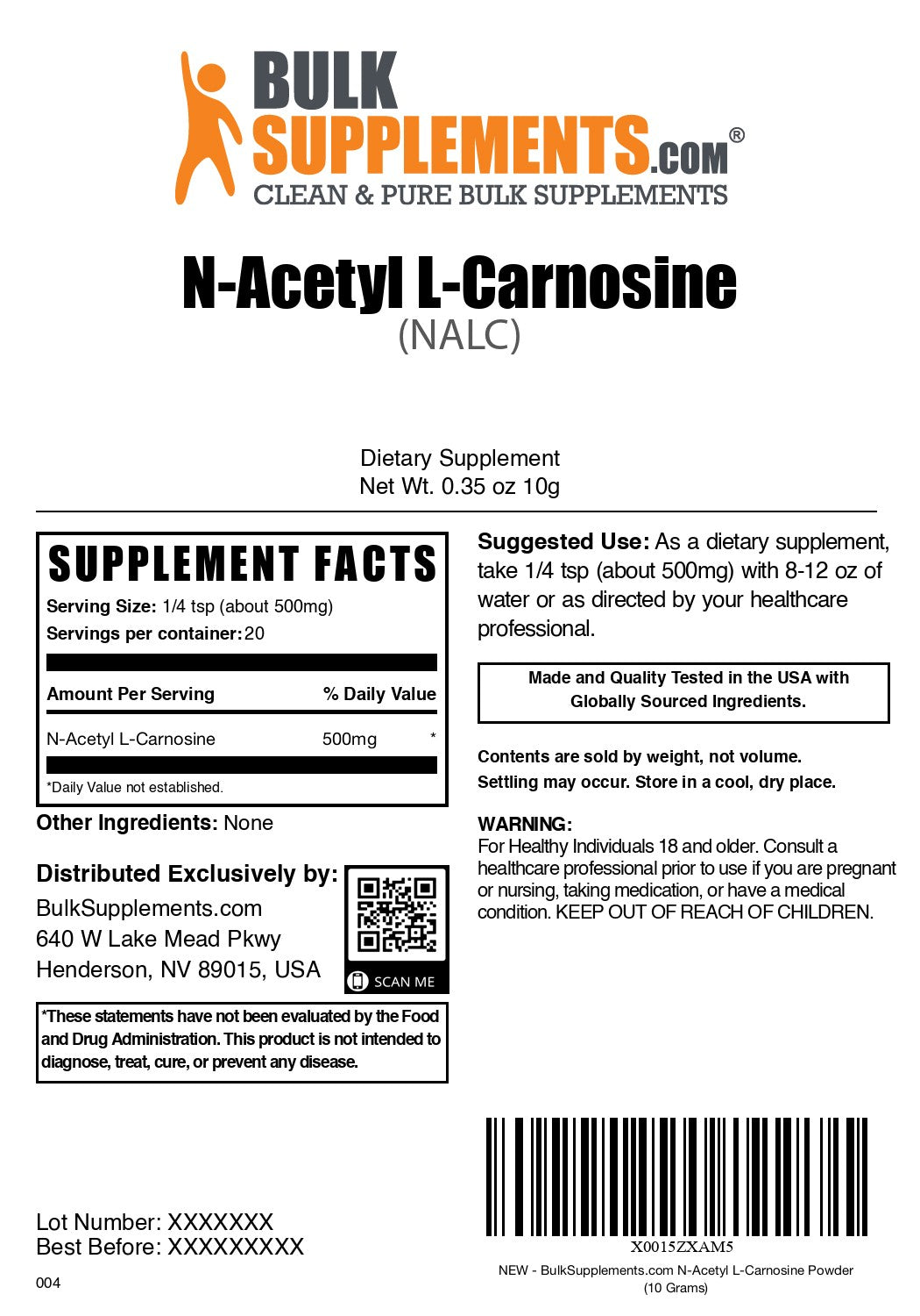 N-Acetyl L-Carnosine (NALC) 10g label