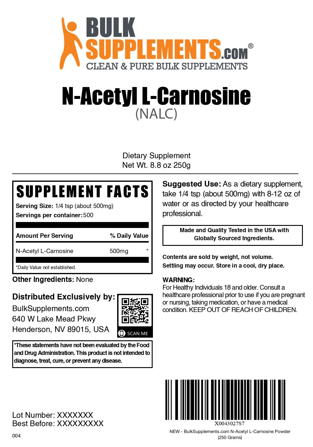 N-Acetyl L-Carnosine (NALC) 250g label