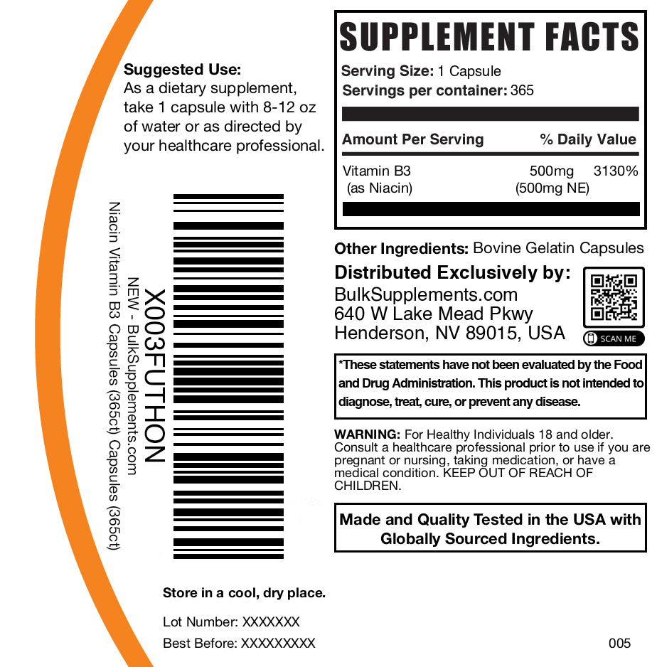 Niacin Vitamin B3 365 capsules label