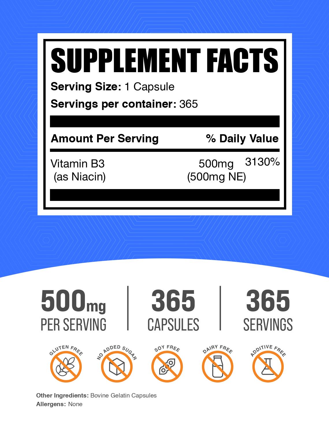 Niacin Vitamin B3 365 capsules label