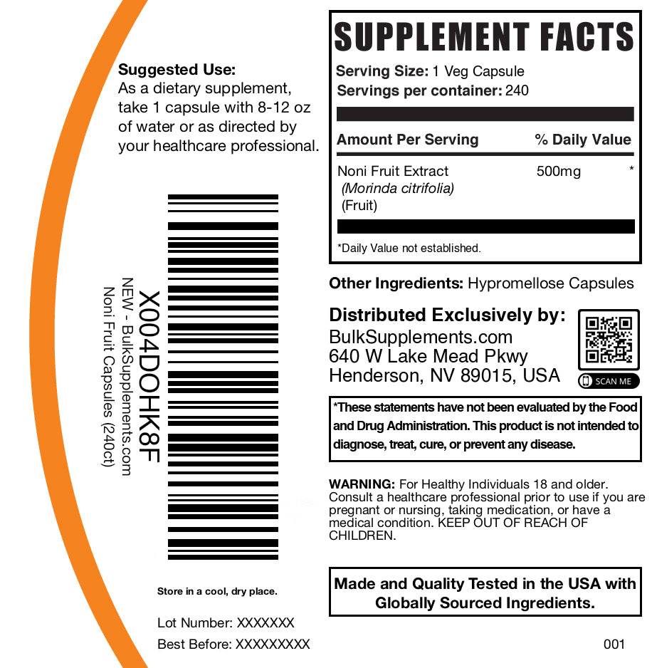 Noni fruit extract 240 capsules label