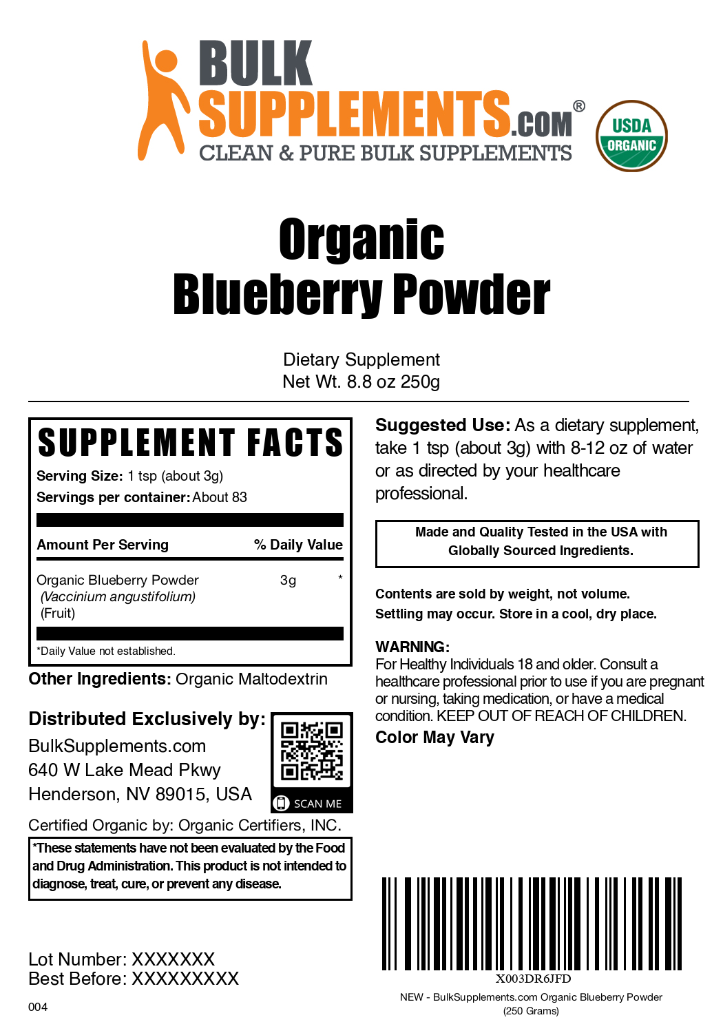 Organic blueberry powder label 250g