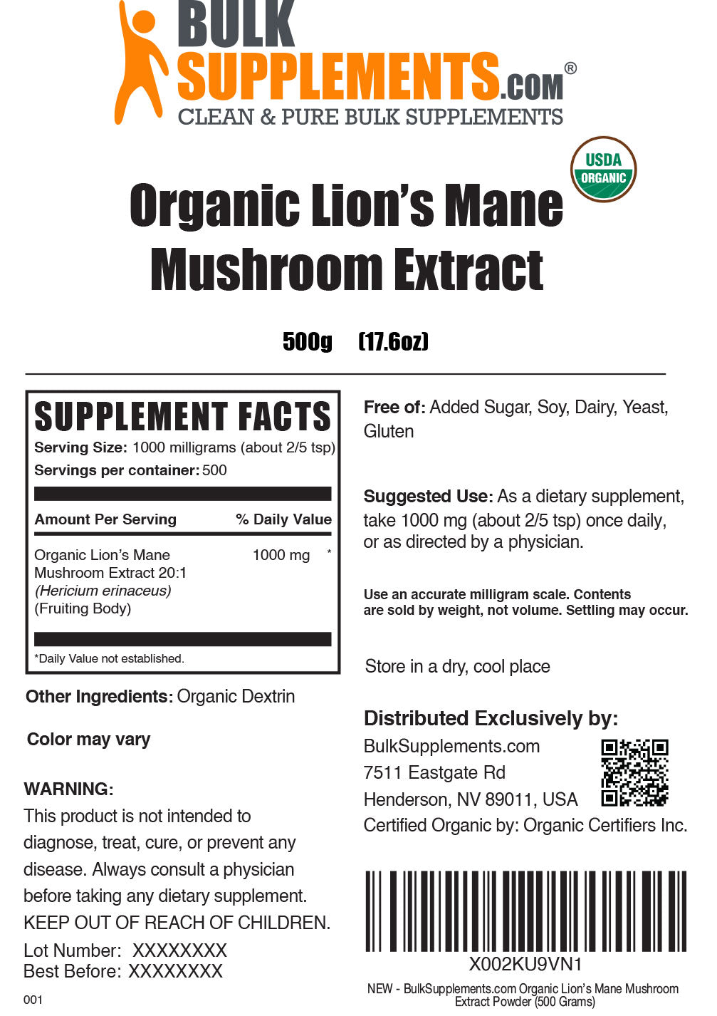 Organic lions mane 500g label