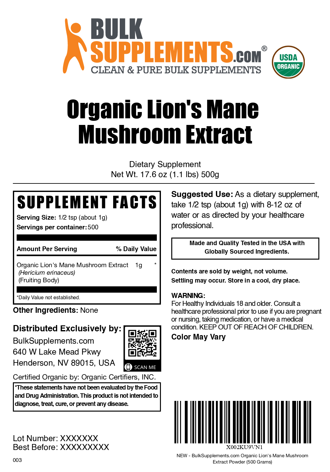 Organic Lion's Mane Mushroom Extract powder label 500g
