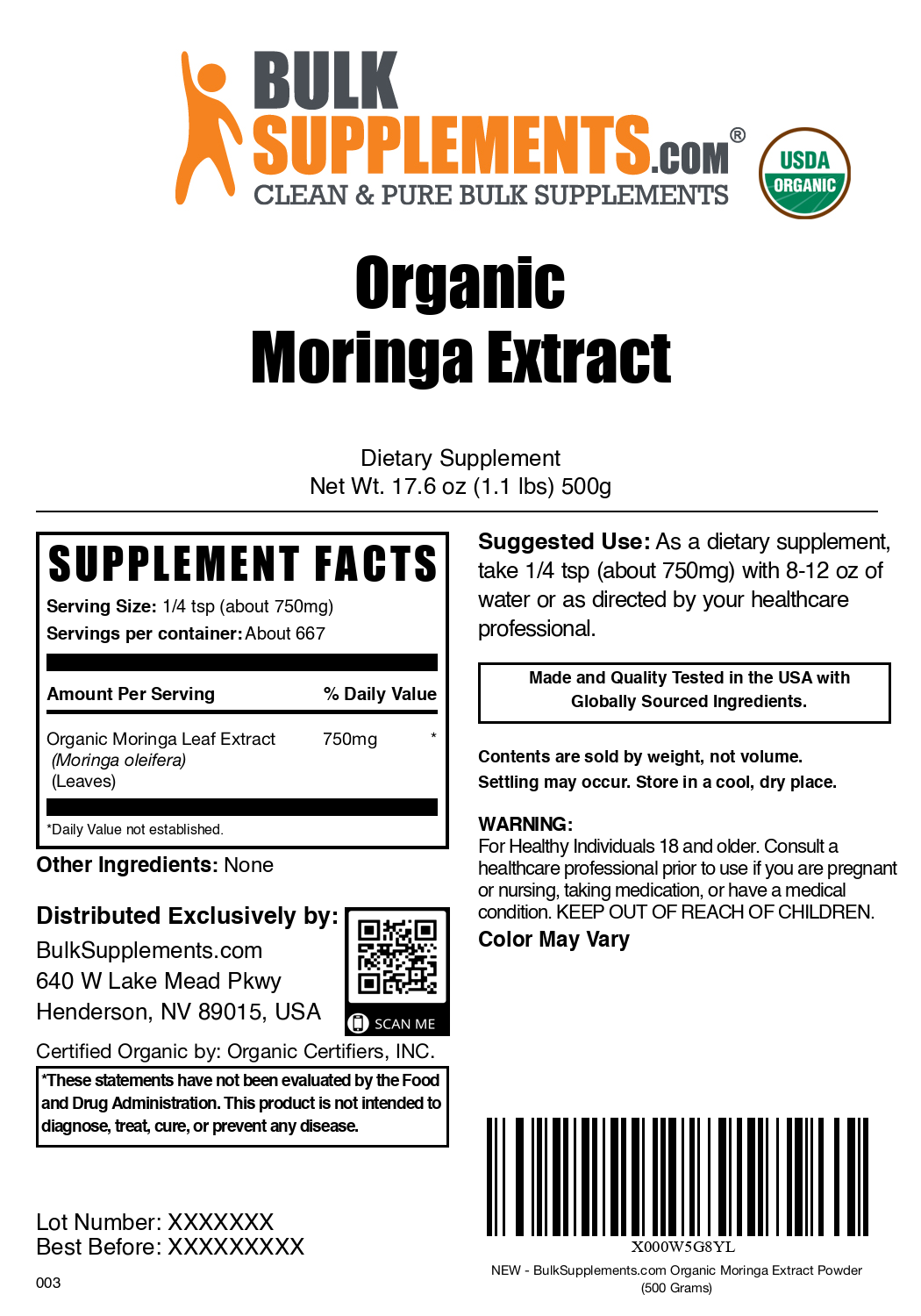 Organic moringa extract powder label 500g