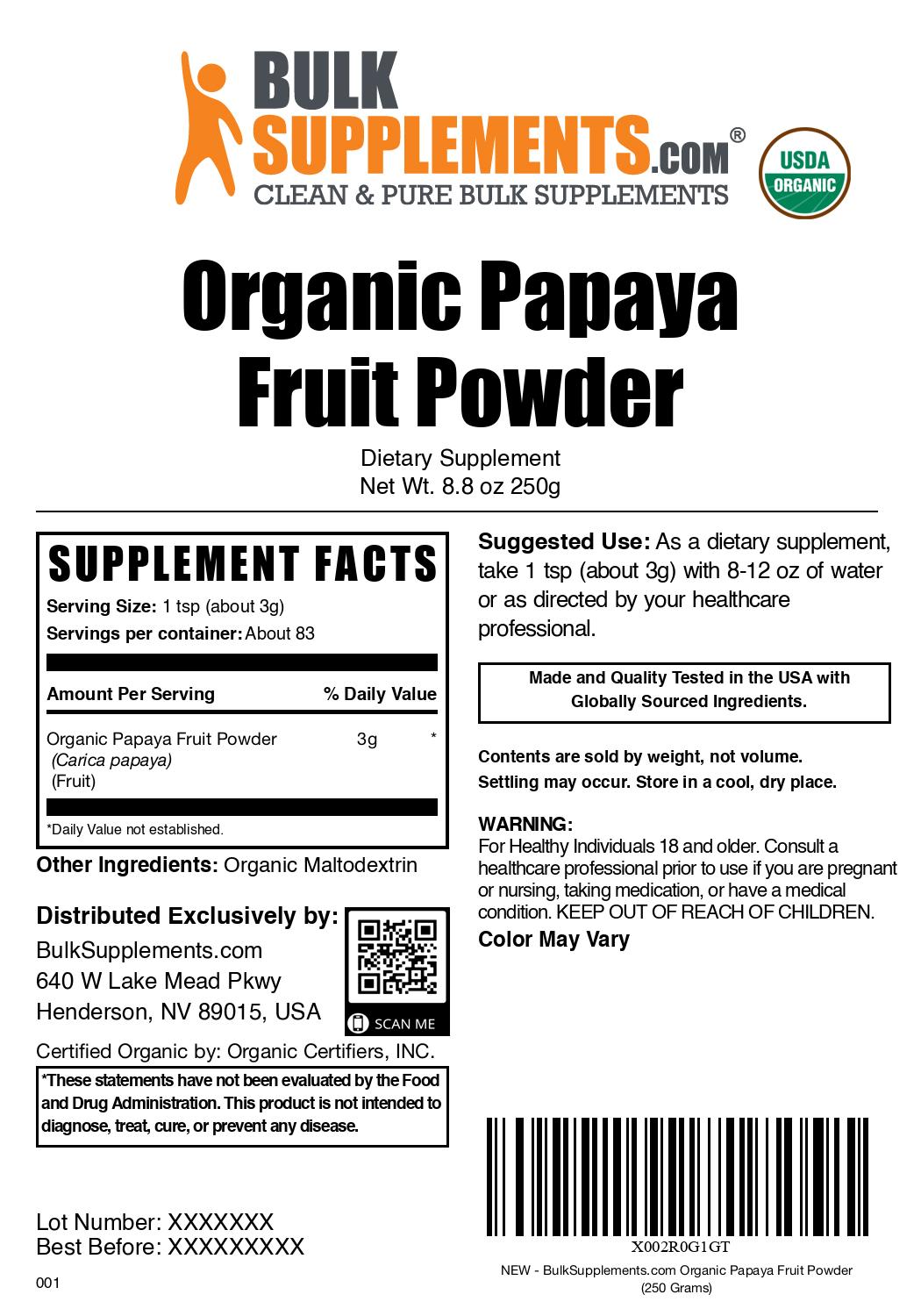 Organic papaya powder label 250g
