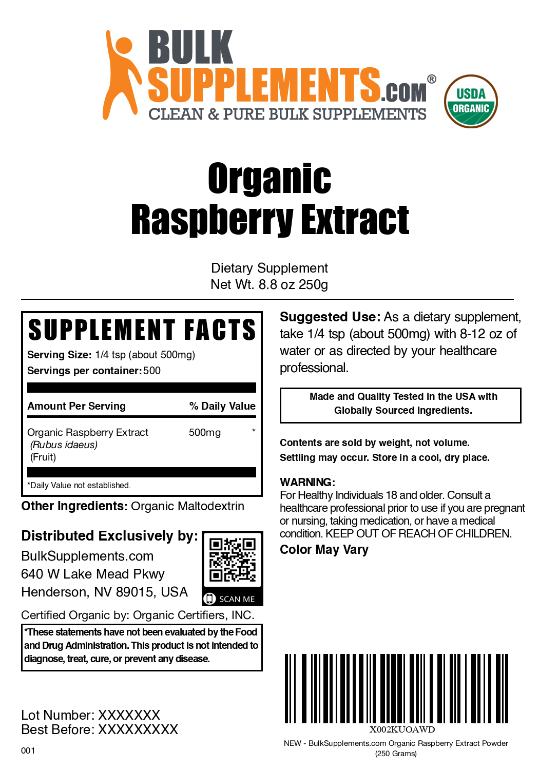 Organic raspberry extract powder label 250g