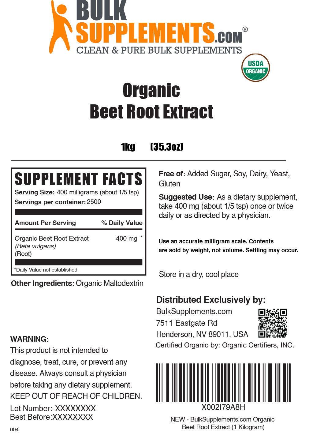 Supplement Facts Organic Beet Root Extract