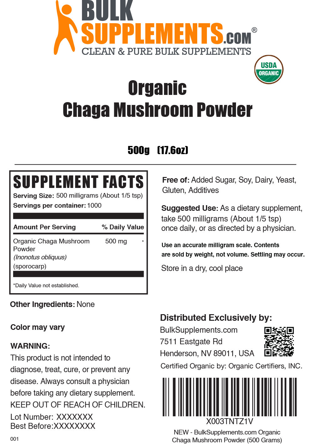 Organic chaga mushroom powder label 500g