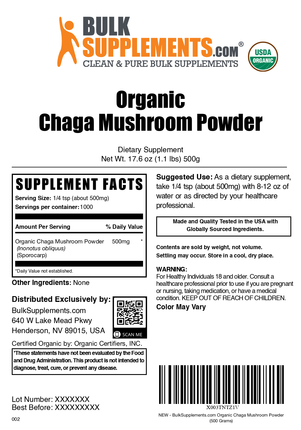 Organic chaga mushroom powder label 500g