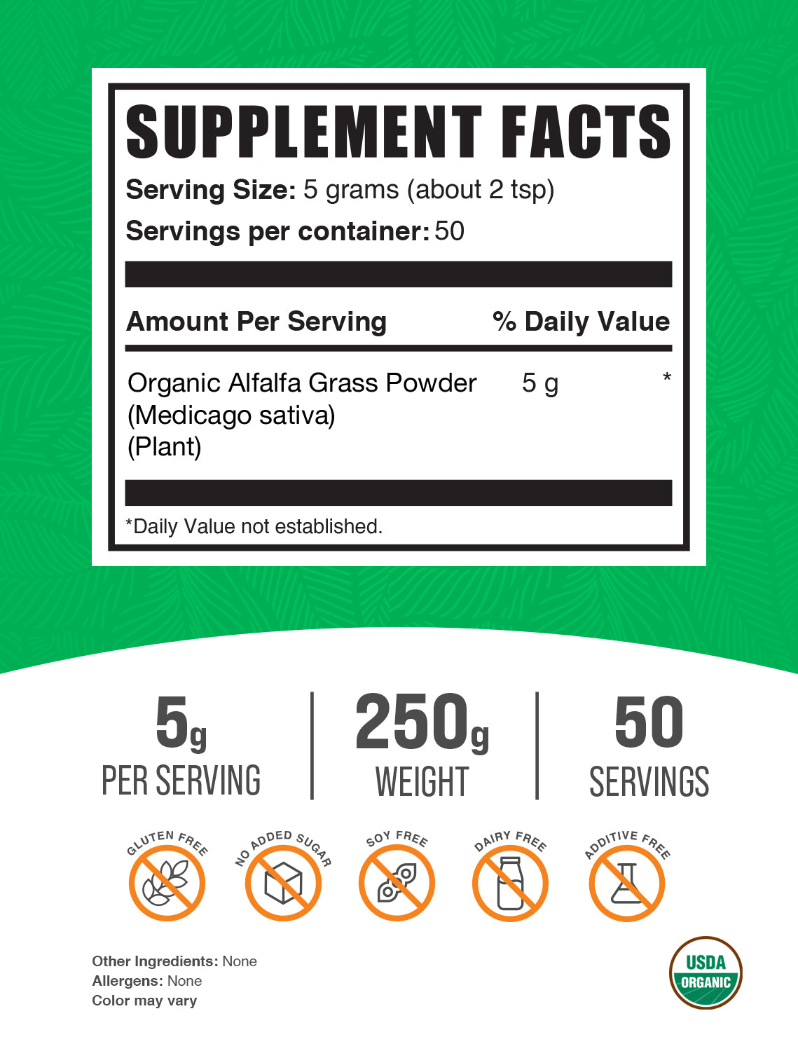 Organic Alfalfa Grass Powder 250g Label
