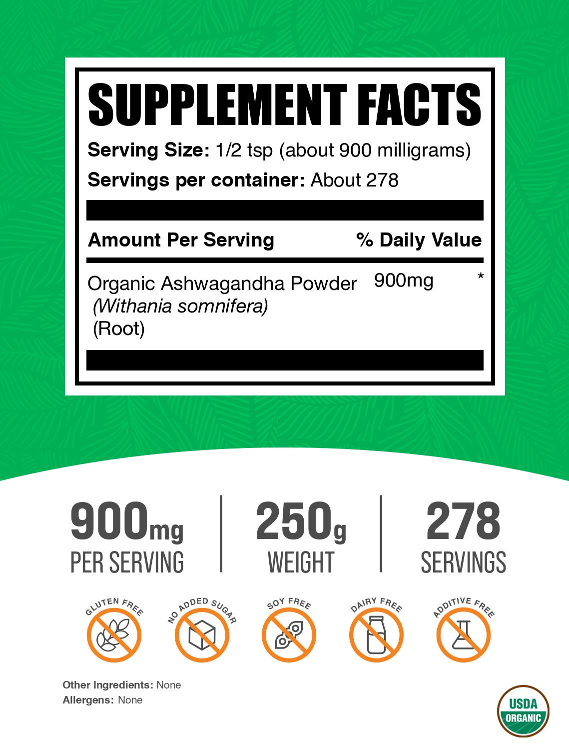 Organic ashwagandha root powder label 250g