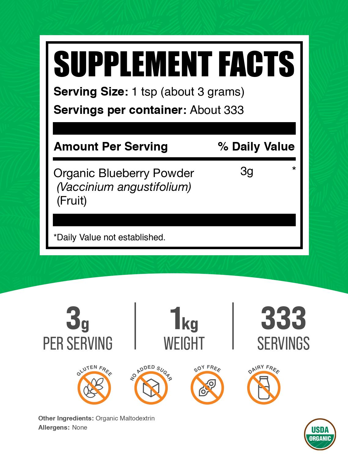 Organic blueberry powder label 1kg