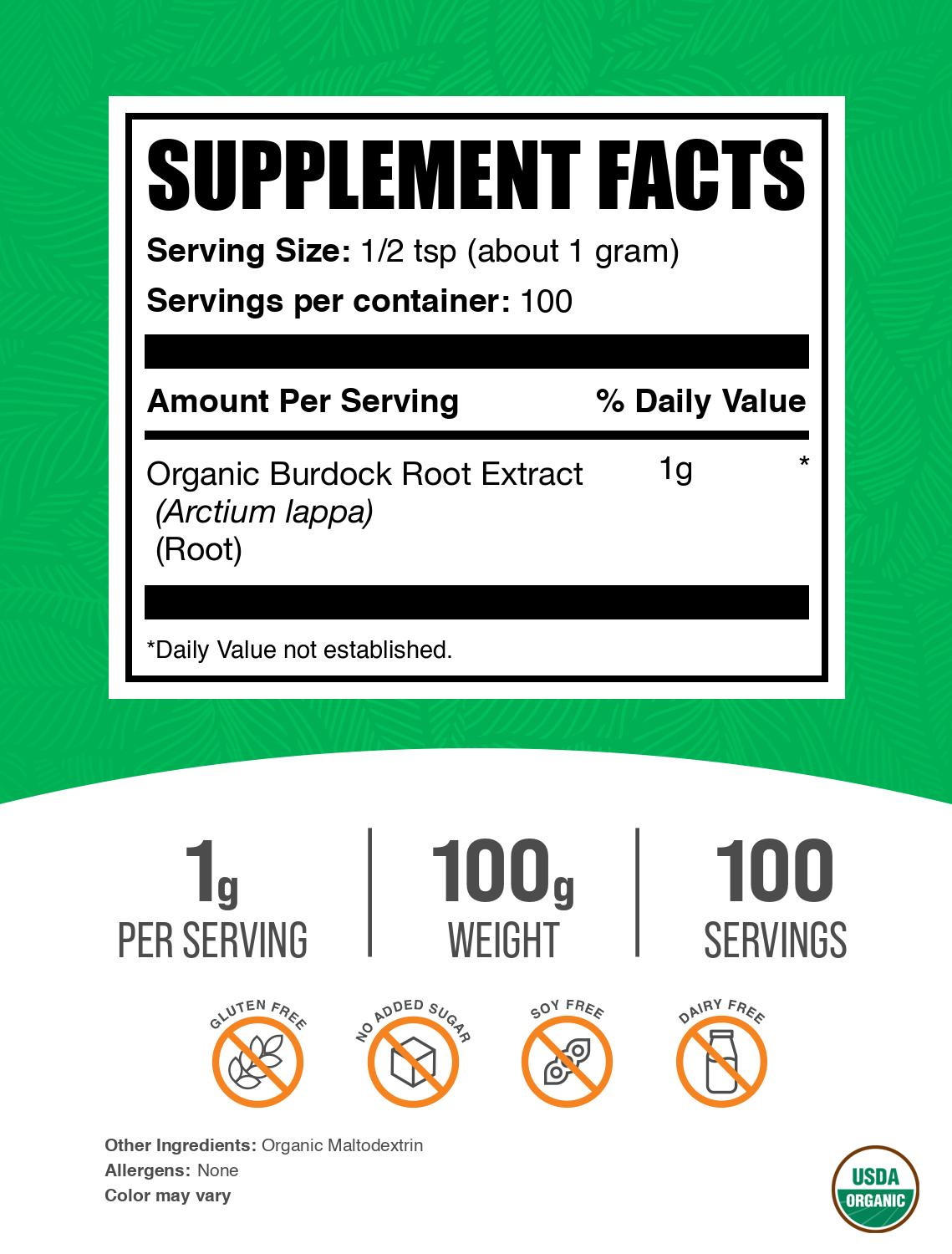 Organic Burdock Root Extract Powder 100g Label