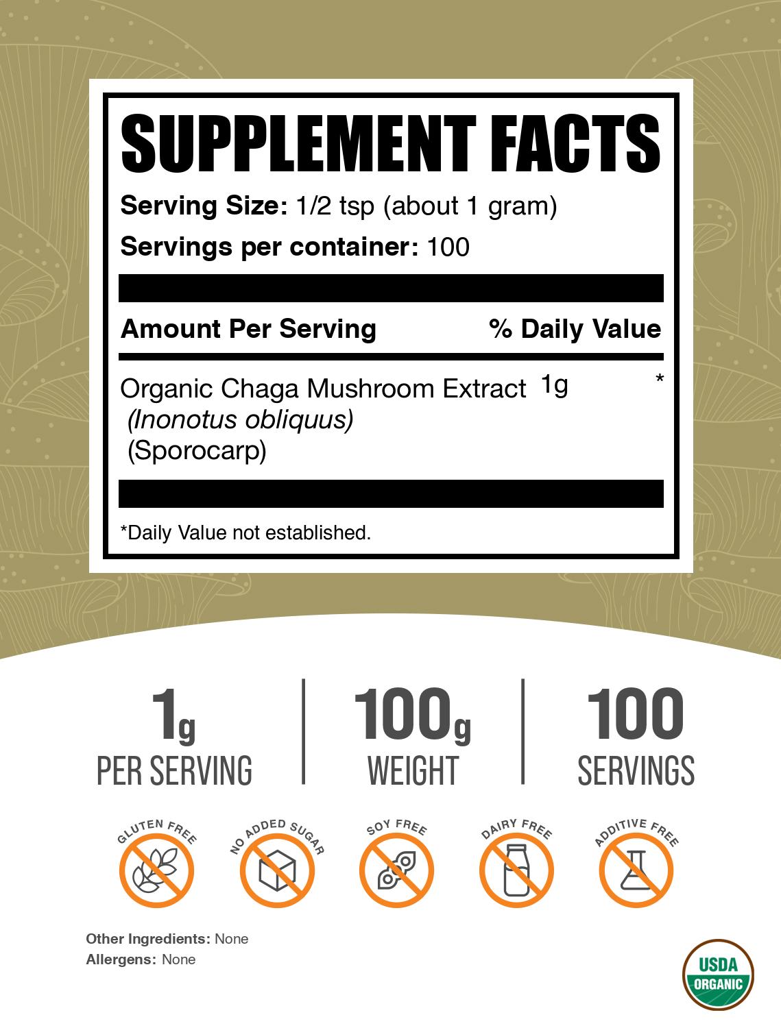 Organic Chaga Mushroom Extract Powder 100g Label Image