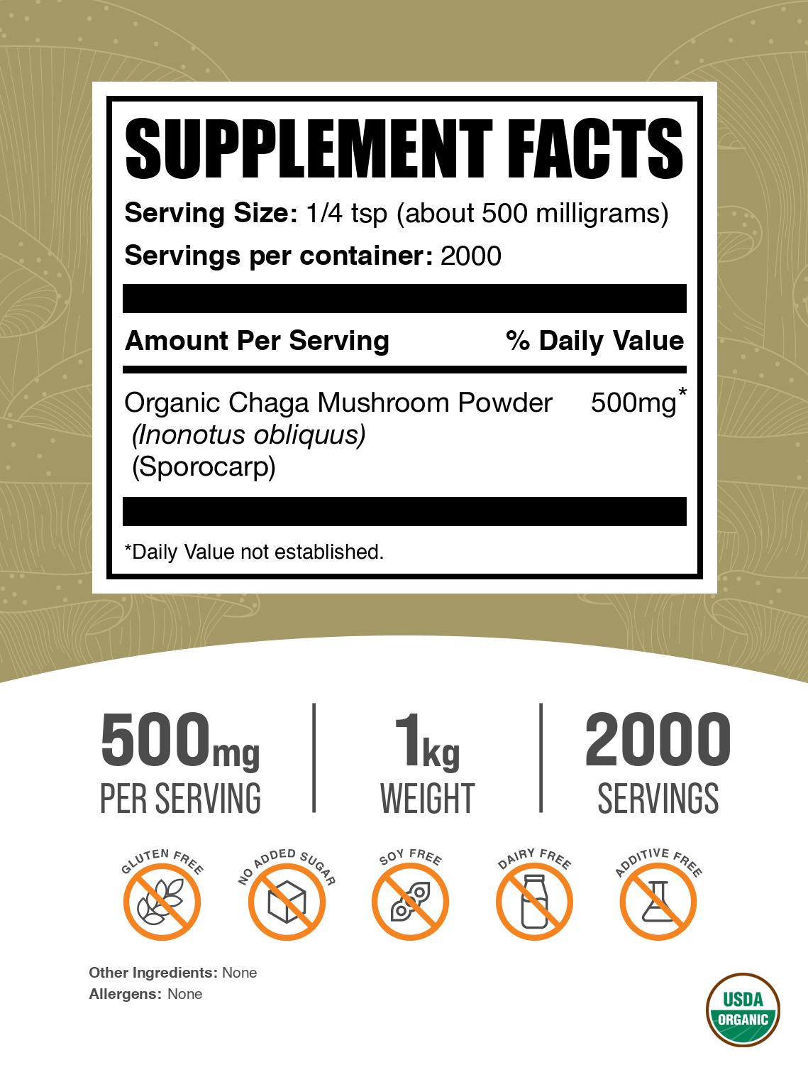 Organic chaga mushroom powder label 1kg