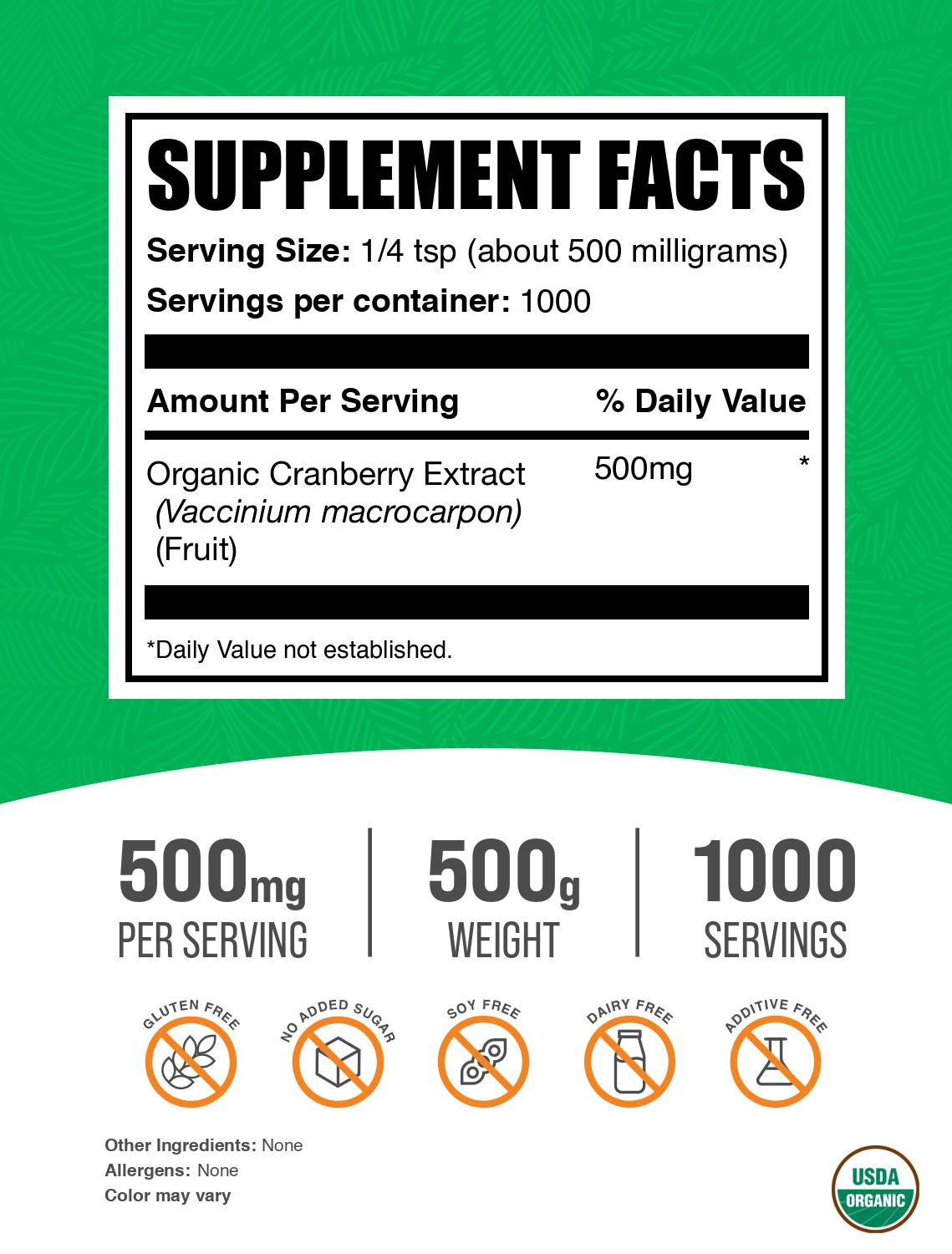 Organic Cranberry Extract Powder 500g Label