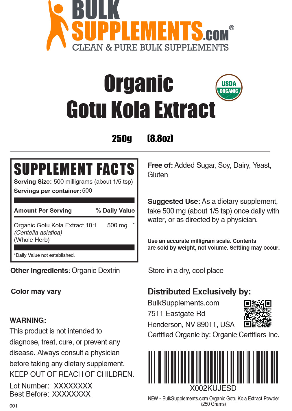 Organic gotu kola extract powder label 250g