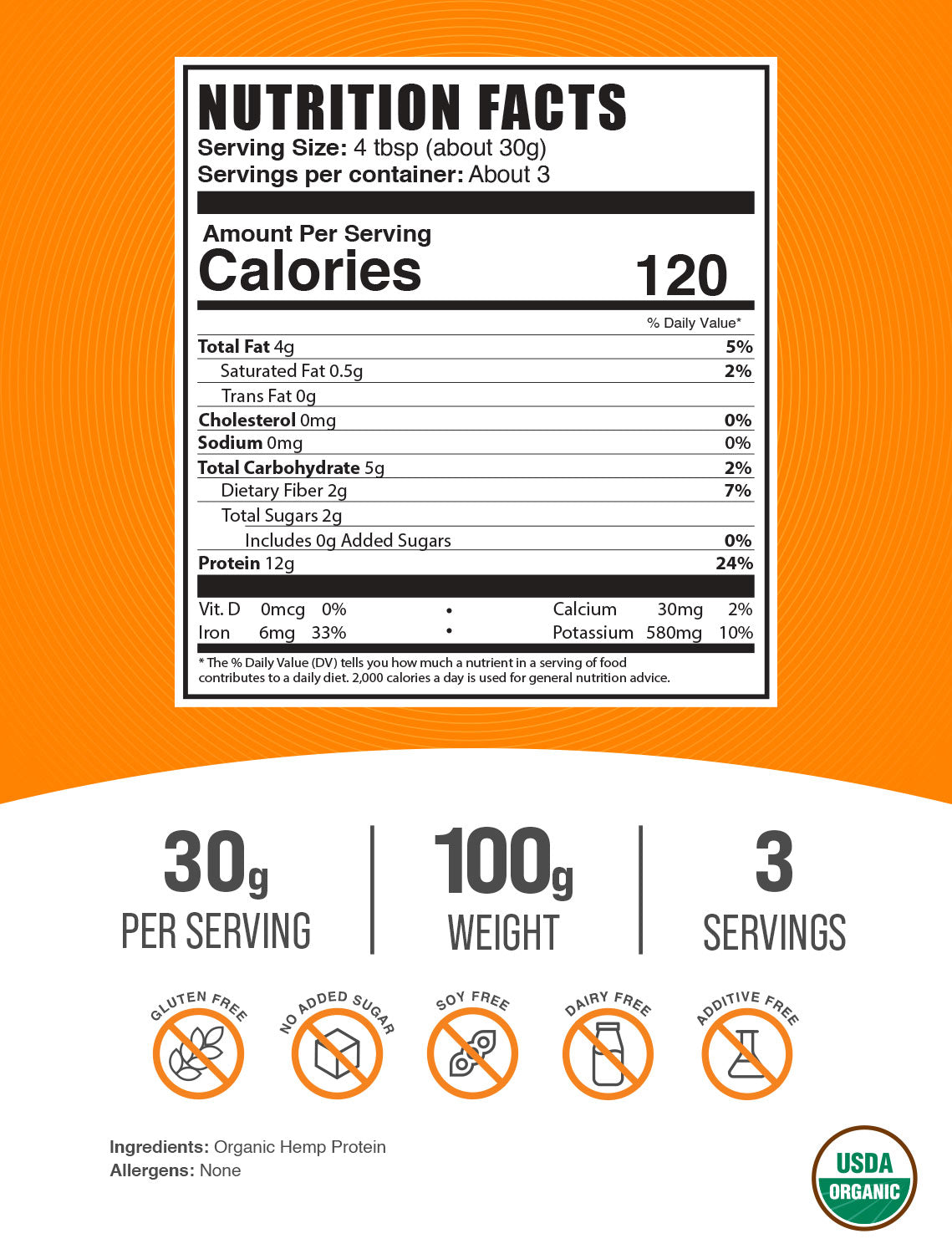 Organic hemp seed protein powder label 100g