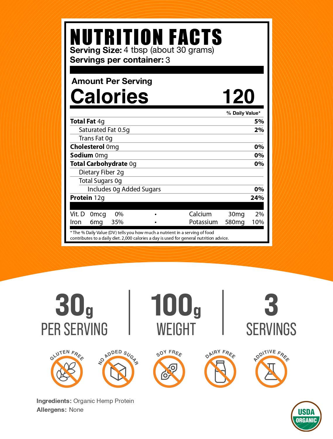 Organic hemp seed protein powder label 100g