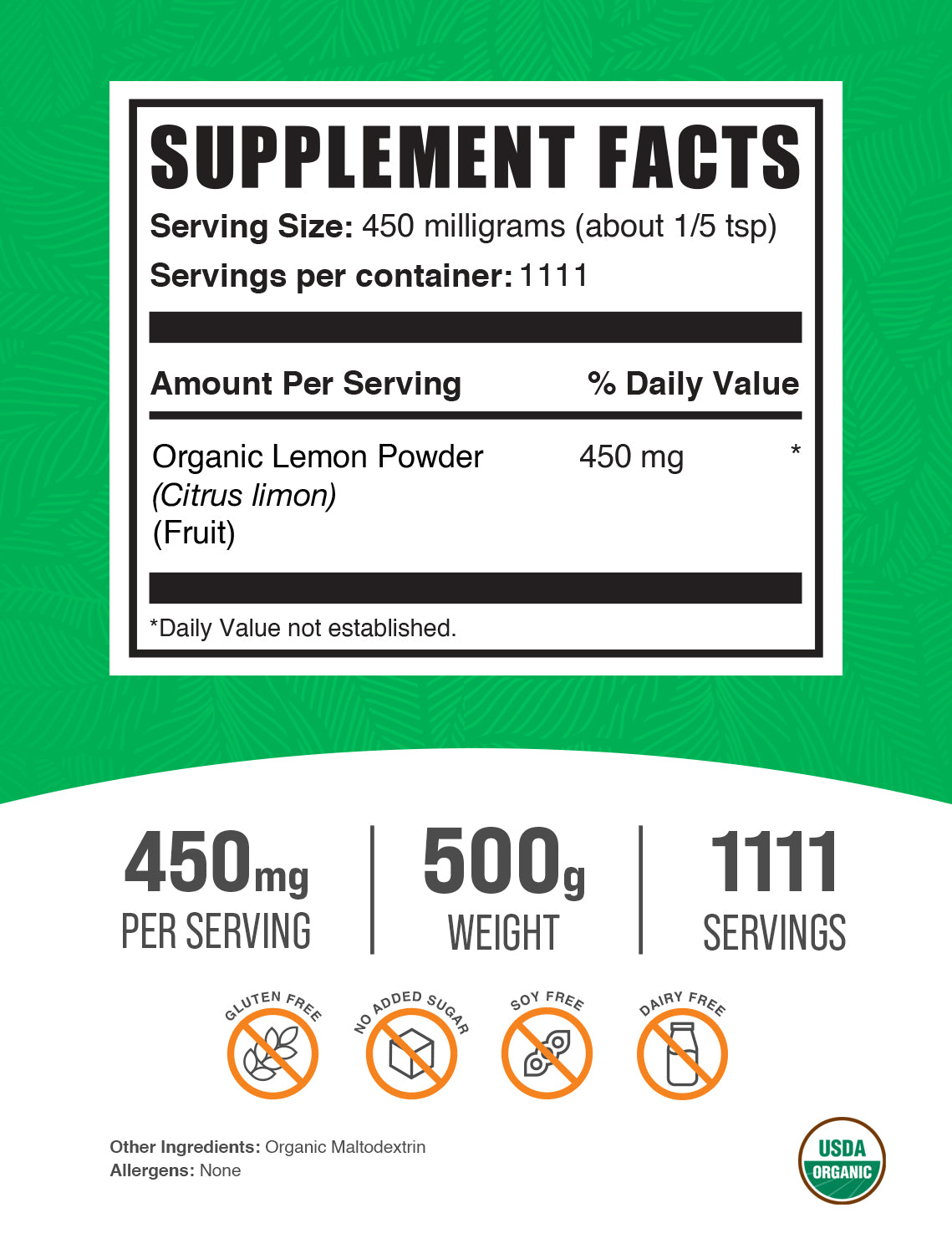 Organic Lemon Powder 500g label