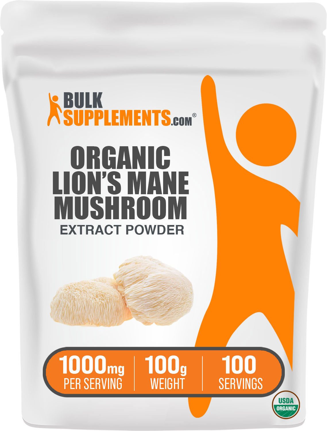 BulkSupplements.com Organic Lion's Mane Mushroom Extract Powder 100g bag