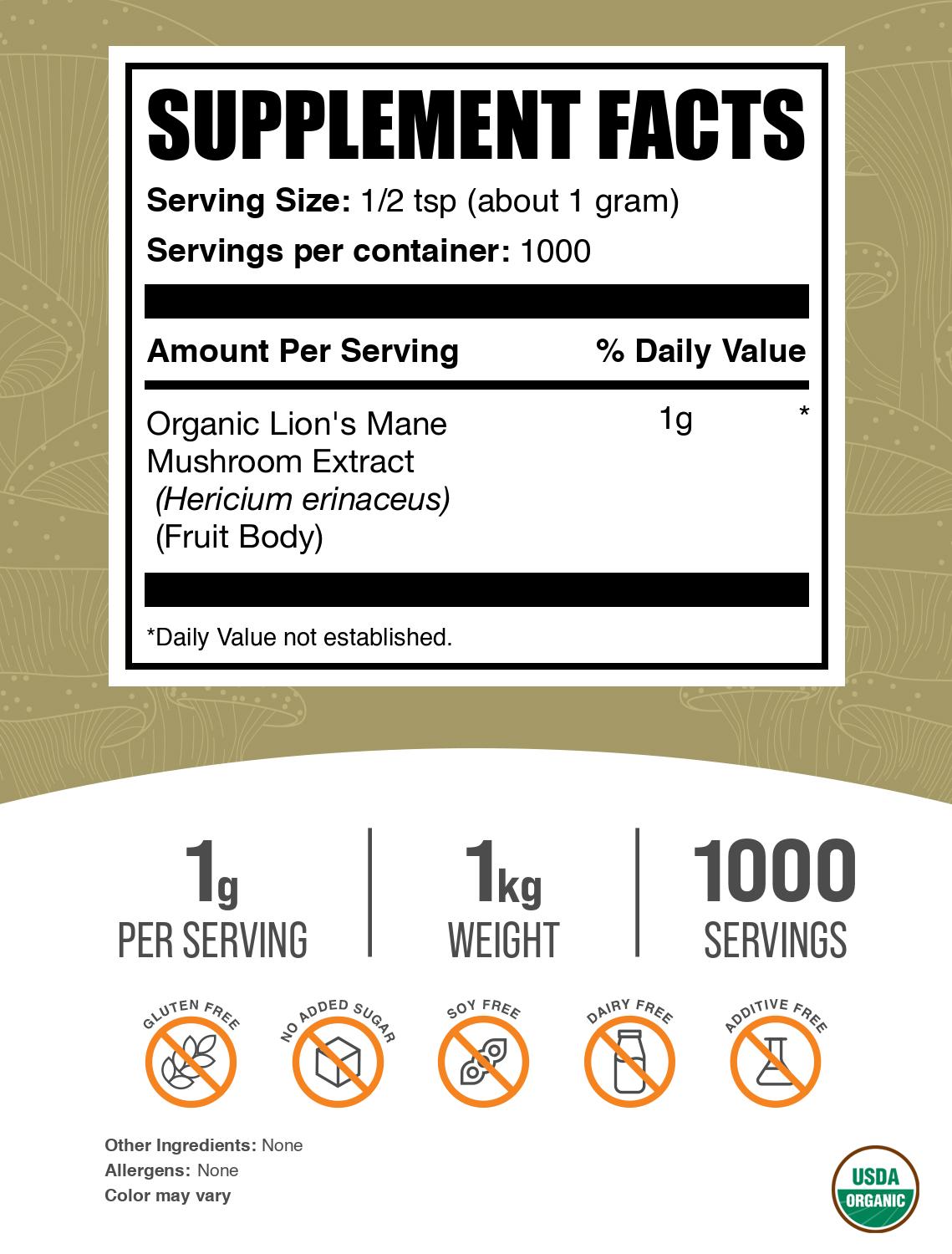 Organic Lions Mane Mushroom Extract Powder 1kg Label