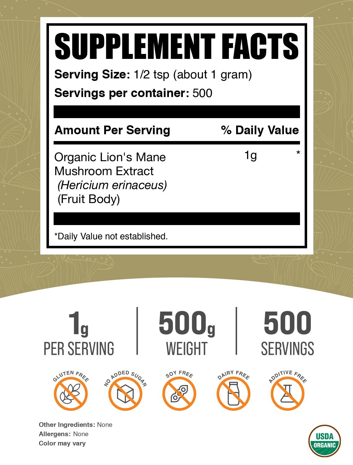 Organic Lions Mane Mushroom Extract Powder 500g Label